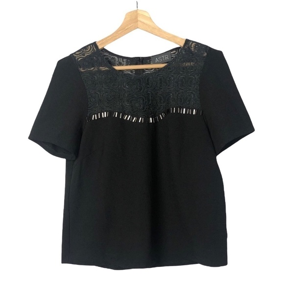ASTR The Label Black Lace Silver Studded Short Sleeve Top M - Picture 1 of 5